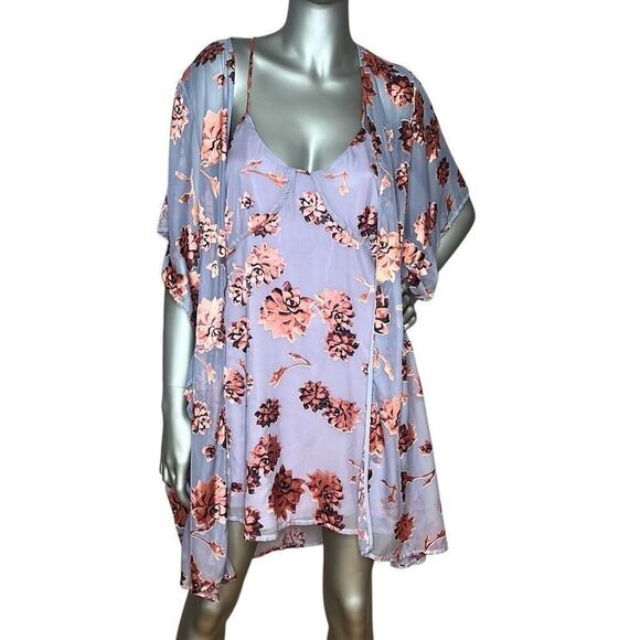 For Love & Lemons Purple Floral Mini Slip Dress & Sheer Kimono Duster Set O/S & - Picture 1 of 15